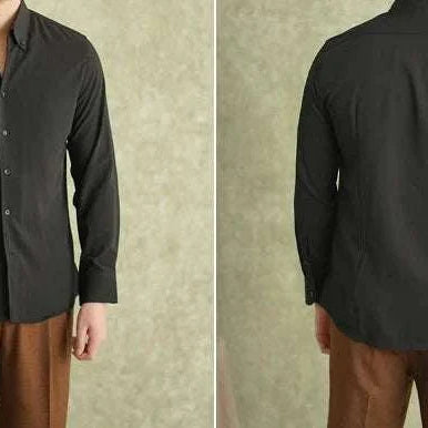 Spring pointer collar long sleeve shirt in solid black, front and back view.