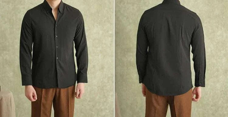 Spring pointer collar long sleeve shirt in solid black, front and back view.
