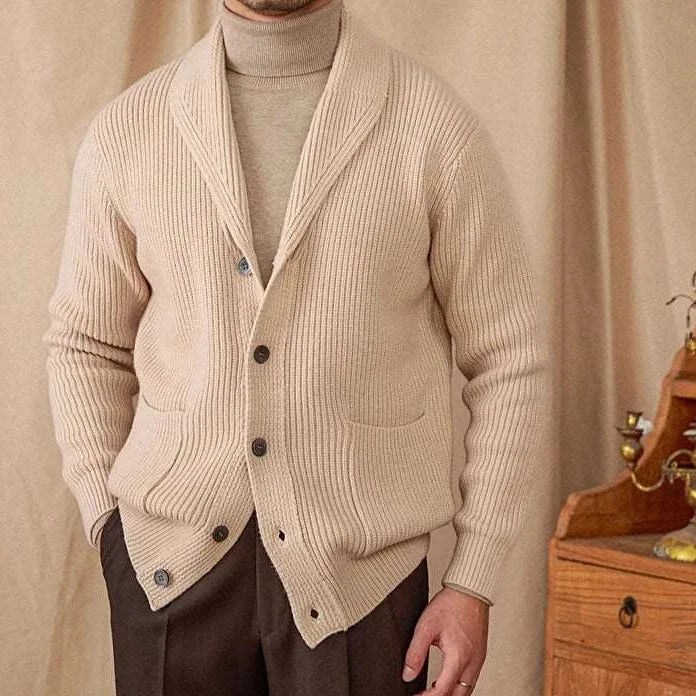 Cozy beige wool cardigan for men in vintage style.