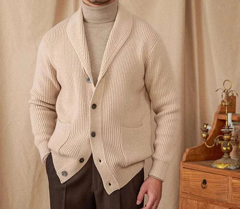 Cozy beige wool cardigan for men in vintage style.