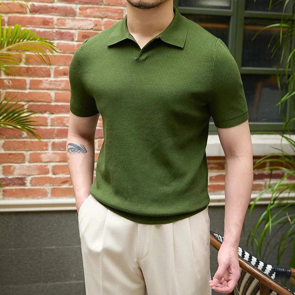 Men's green summer v-neck polo t-shirt, comfortable cotton, perfect for spring casual style.