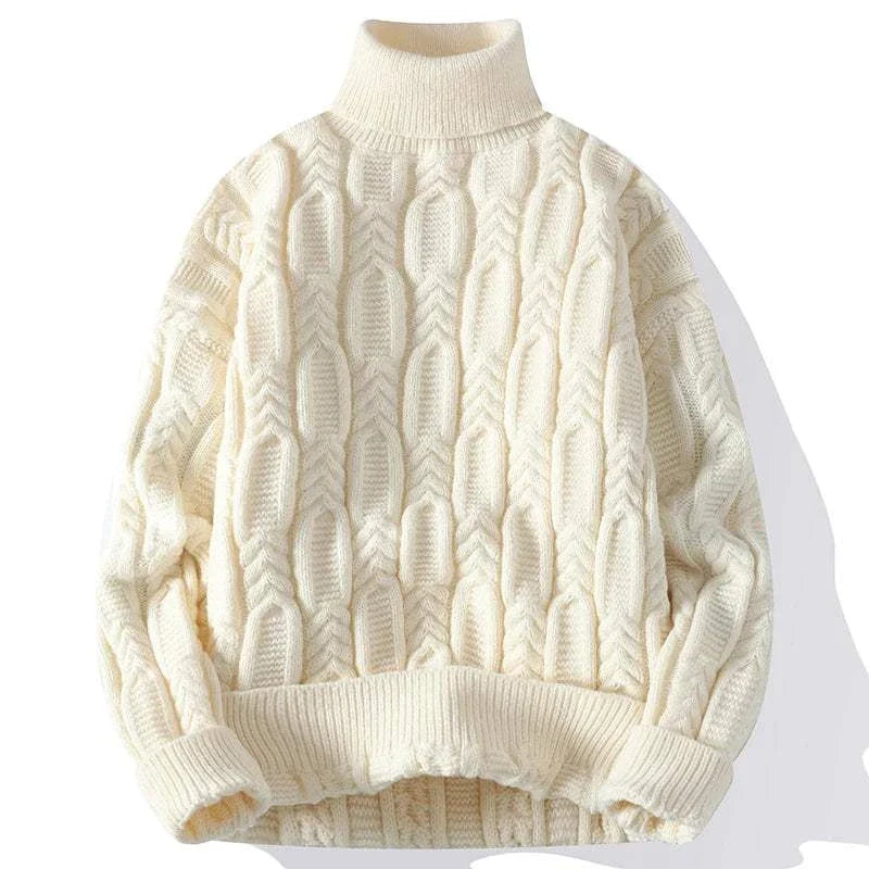 Juku winter sweater in ivory color with turtleneck and cable-knit pattern.