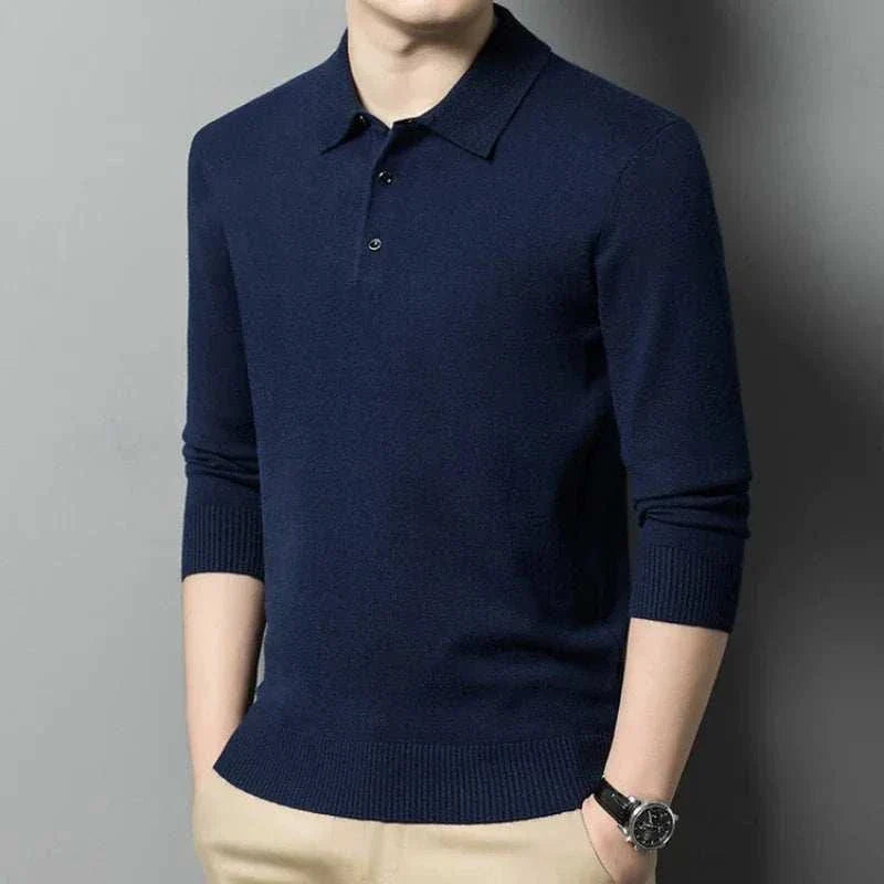 Men's navy blue Antonios polo sweater with buttons, comfortable fit, wool blend.