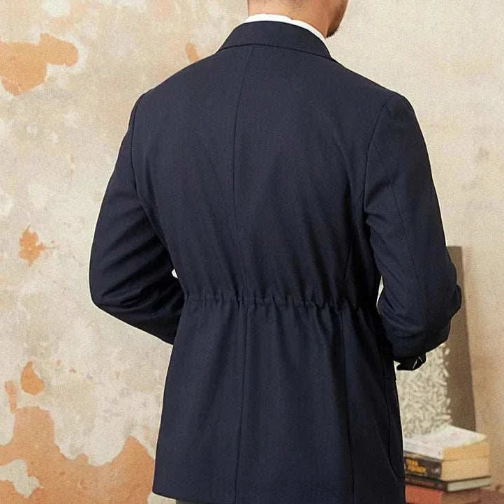 Autumn vintage old money coat in navy, back view, stylish and elegant design for men.