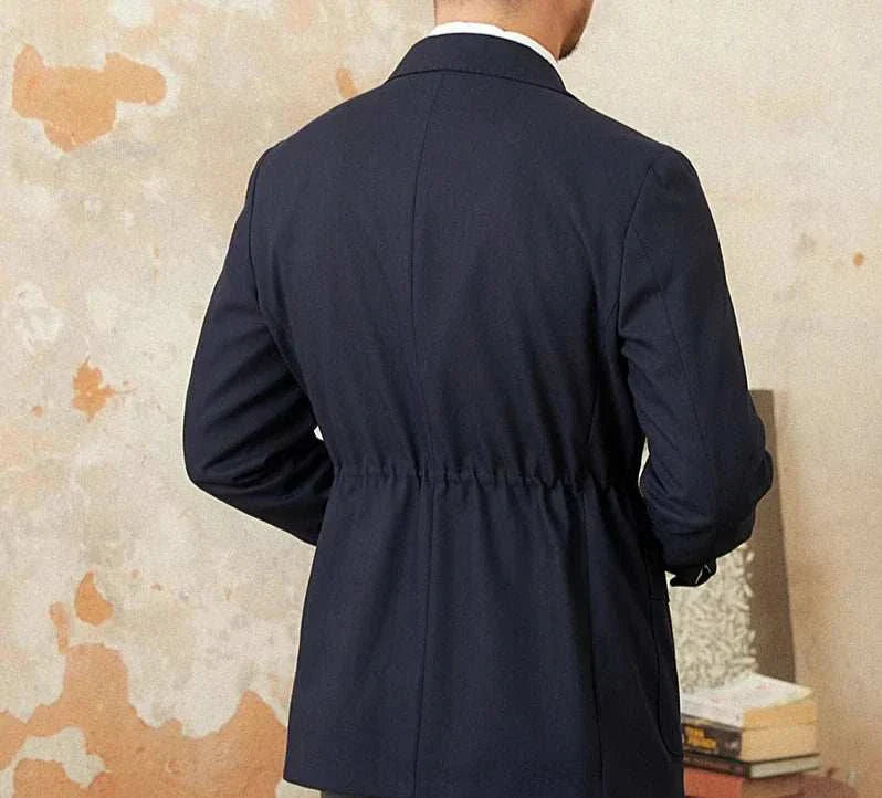 Autumn vintage old money coat in navy, back view, stylish and elegant design for men.