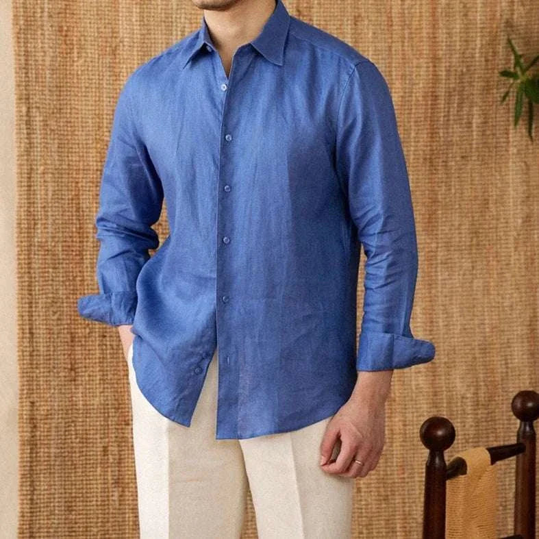 Relaxed fit casual long sleeve blue linen shirt for men.