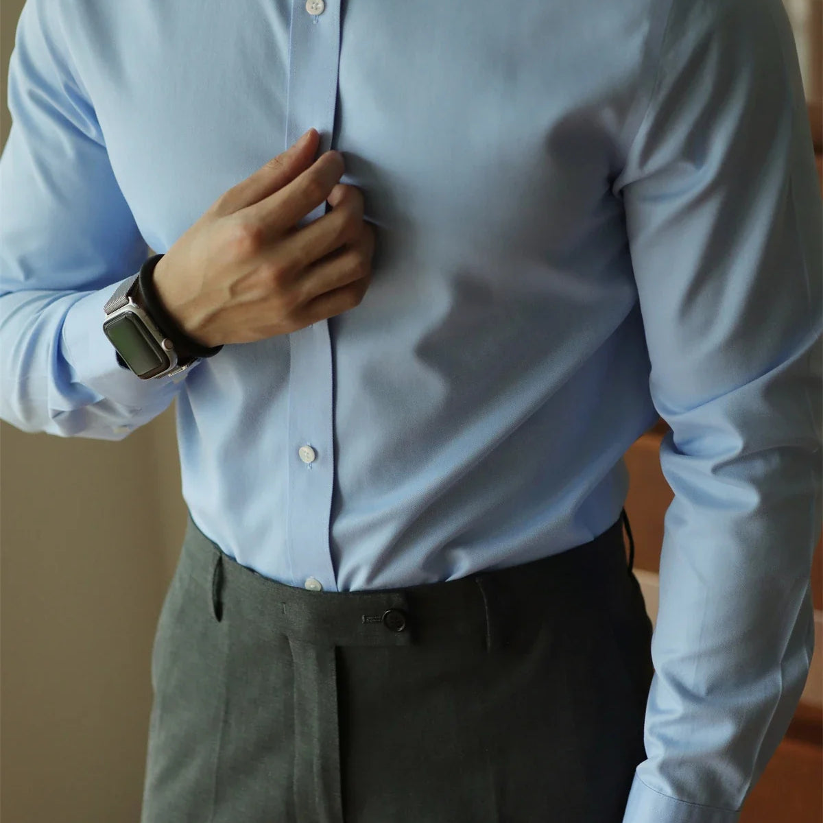 Men's casual office Italian shirt in light blue cotton, perfect for elegant and comfortable wear.