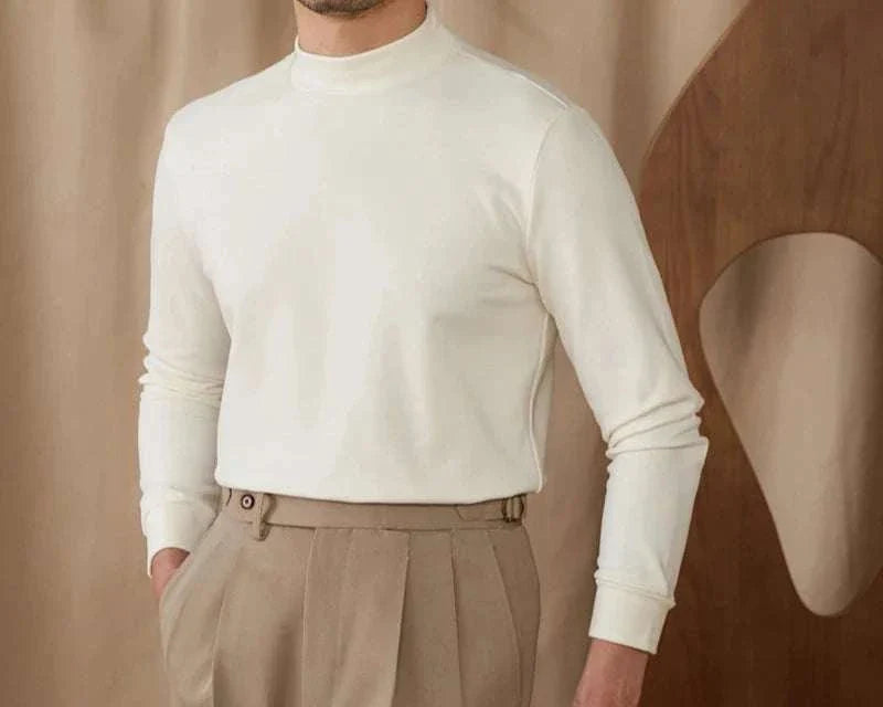 Soft half turtleneck sweater, men's polyester, cozy fit, beige.