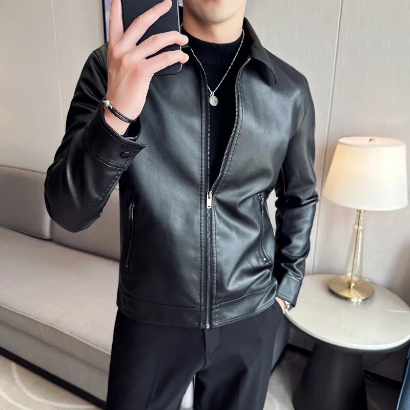 MOTO black leather jacket for men, casual elegant style, eco-leather, solid pattern.