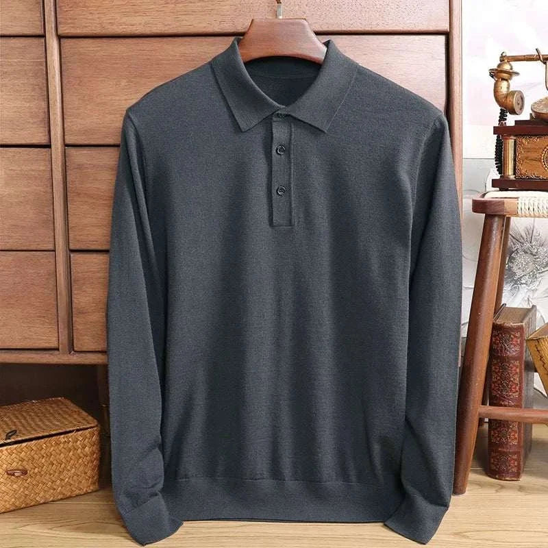 Antonios wool polo sweater in dark color, offering cozy cotton and wool blend for chilly weather.