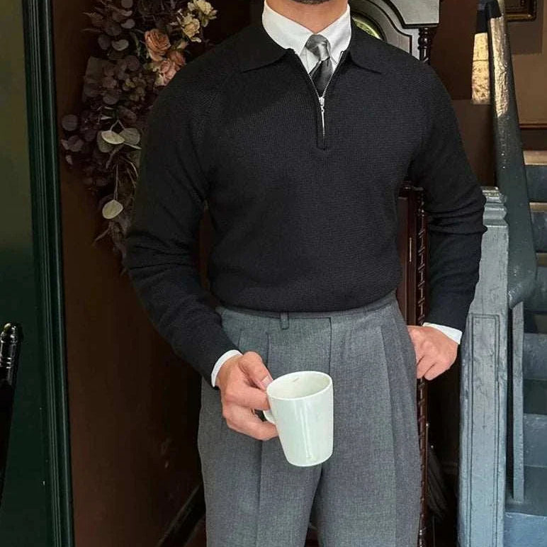 Oxford zipper sweater in black, men's casual or elegant style, perfect for all seasons.