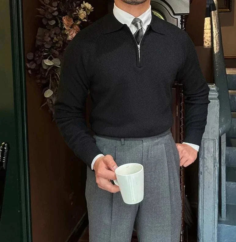 Oxford zipper sweater in black, men's casual or elegant style, perfect for all seasons.