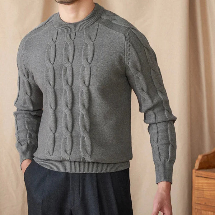 Round neck vintage sweater for men in gray, made from cotton and wool.