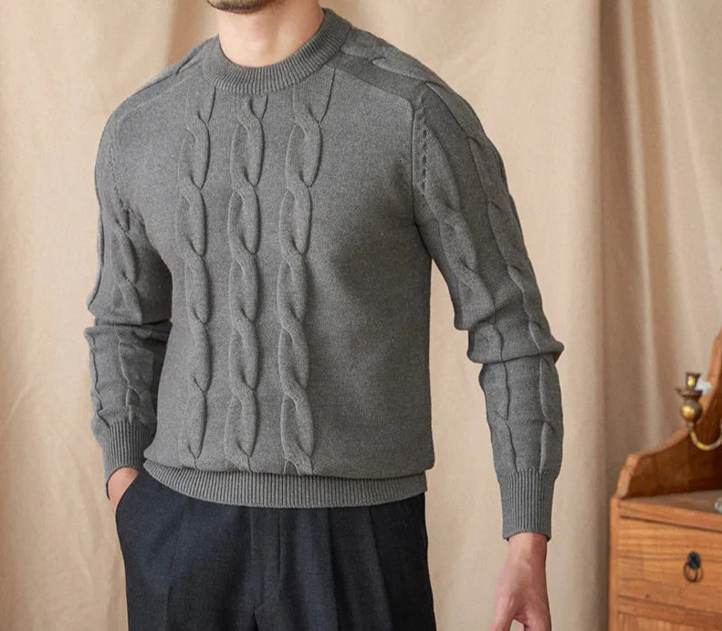 Round neck vintage sweater for men in gray, made from cotton and wool.
