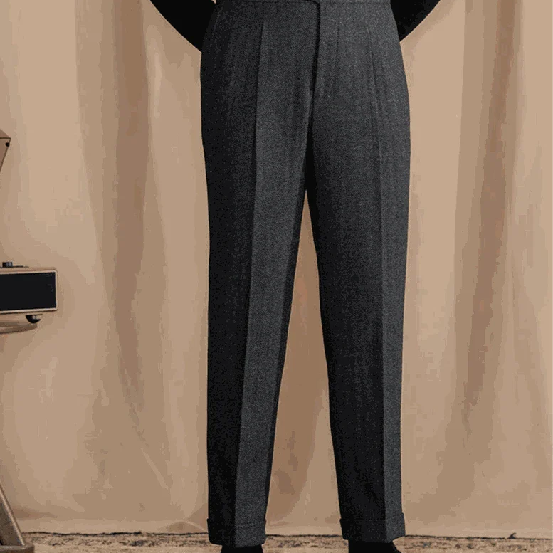 Antonios vintage wool herringbone pants, smart casual full-length design.