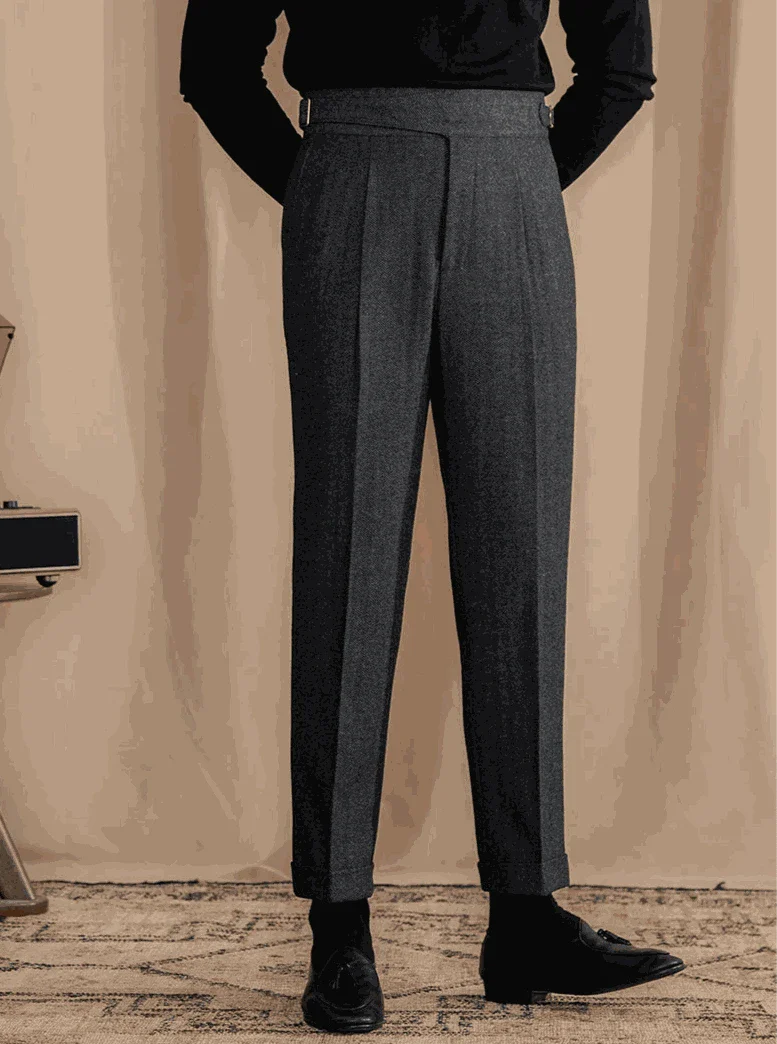 Antonios vintage wool herringbone pants, smart casual full-length design.