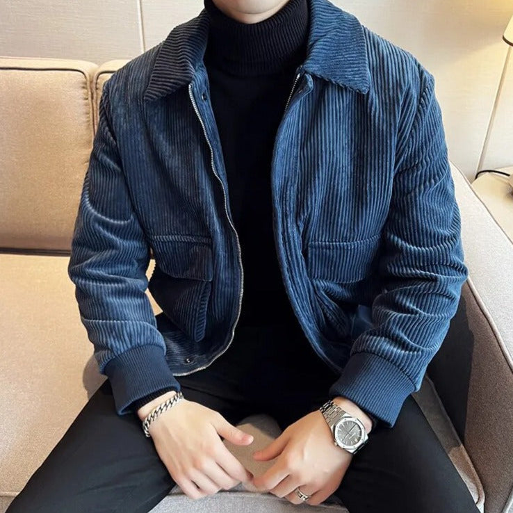 Men's blue corduroy casual jacket, comfortable and elegant for all seasons.