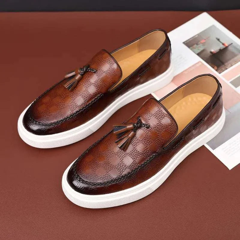 OXFORD plaid pattern loafers with brown and black design on a white non-slip rubber outsole.