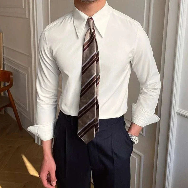 Business collar long sleeve shirt for men in white, elegant office style.