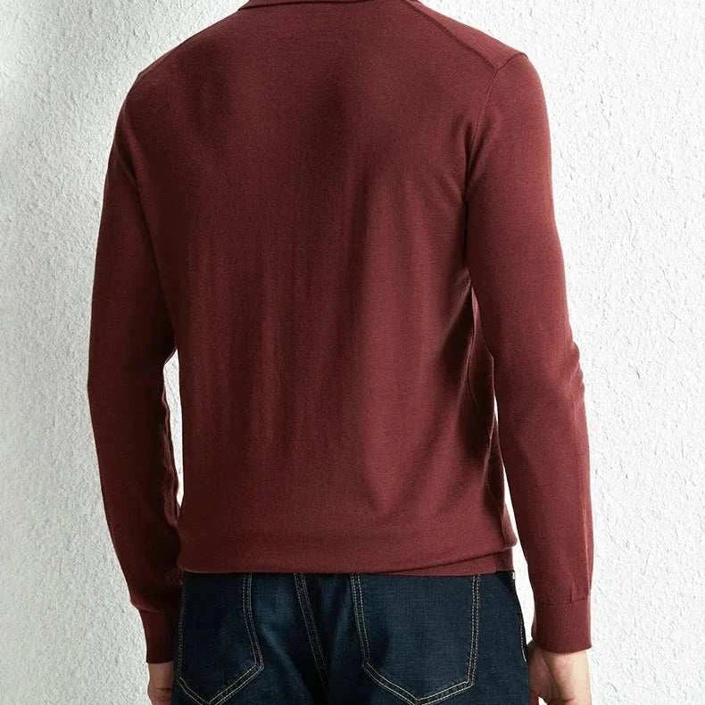 Men's slim fit wool autumn sweater in maroon, back view.