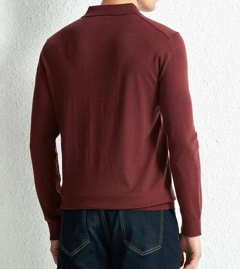 Men's slim fit wool autumn sweater in maroon, back view.