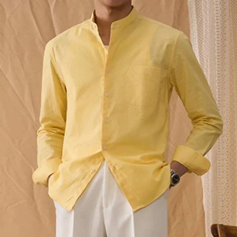 Yellow Antonios cotton-linen long sleeve shirt for men, combining breathability and durability.