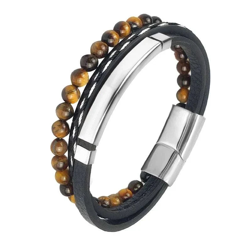 Stainless steel stone bracelet with PU leather and bead design.