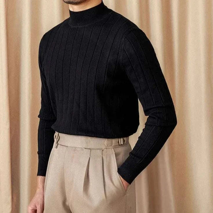 Autumn turtleneck premium sweater for men in black ribbed knit.