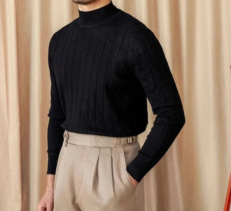 Autumn turtleneck premium sweater for men in black ribbed knit.