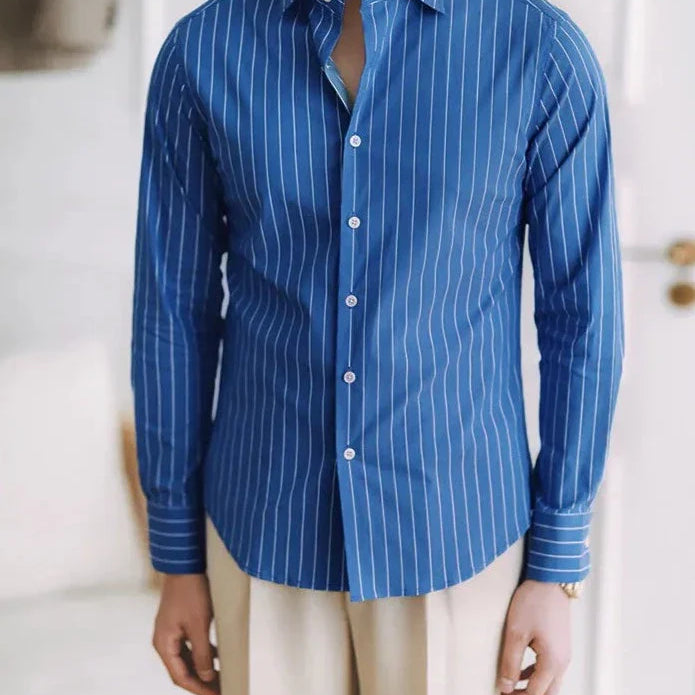 Blue striped gentleman premium shirt with long sleeves, smart casual style.