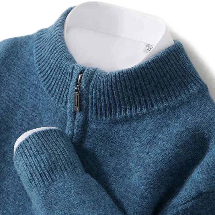 Luxury wool casual sweater in blue with zip collar for men.