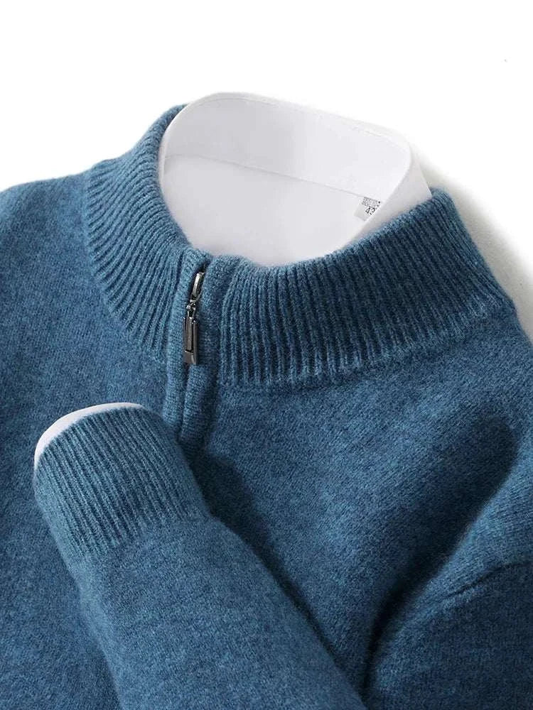 Luxury wool casual sweater in blue with zip collar for men.