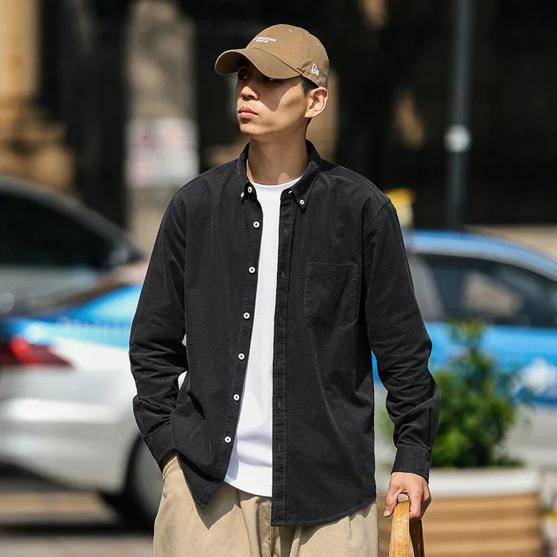 100% Cotton corduroy casual shirt with pocket, blue stripes, men's adult fashion, comfortable and stylish.