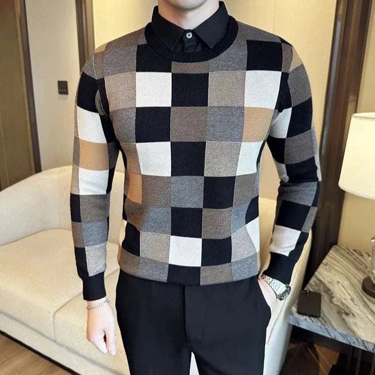 Men's tone two color sweater in black and grayish green checkered pattern, long sleeves.