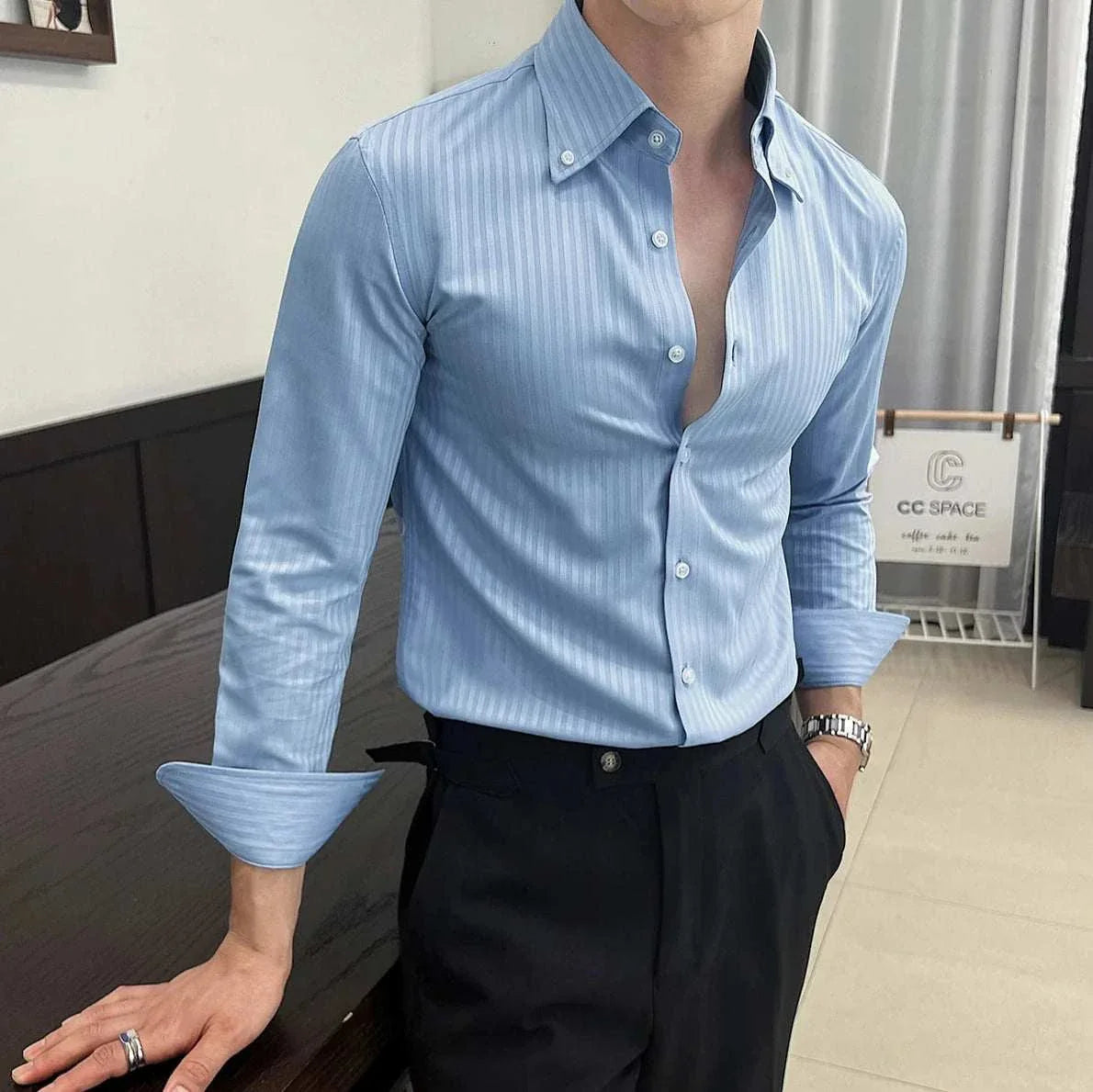 Business casual slim fit shirt in light blue, ideal for office and casual wear.