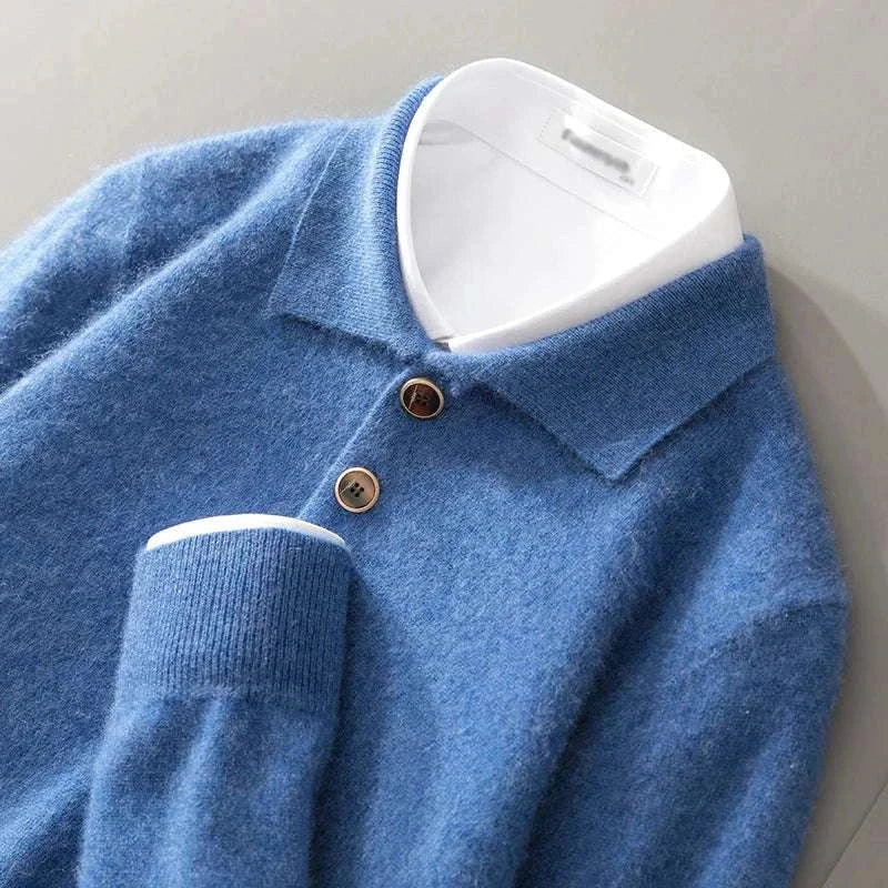 Cold season pure wool sweater in blue with button details, crafted from a wool and cashmere blend for warmth and style.