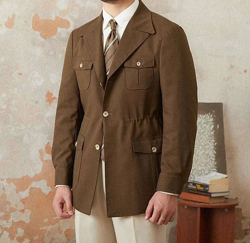 Men's Autumn vintage old money coat, brown polyester, elegant style.