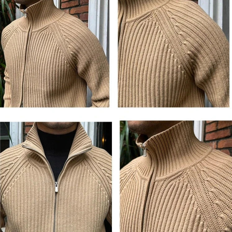 Retro cardigan in khaki, cotton material, ribbed texture, stylish design for men.