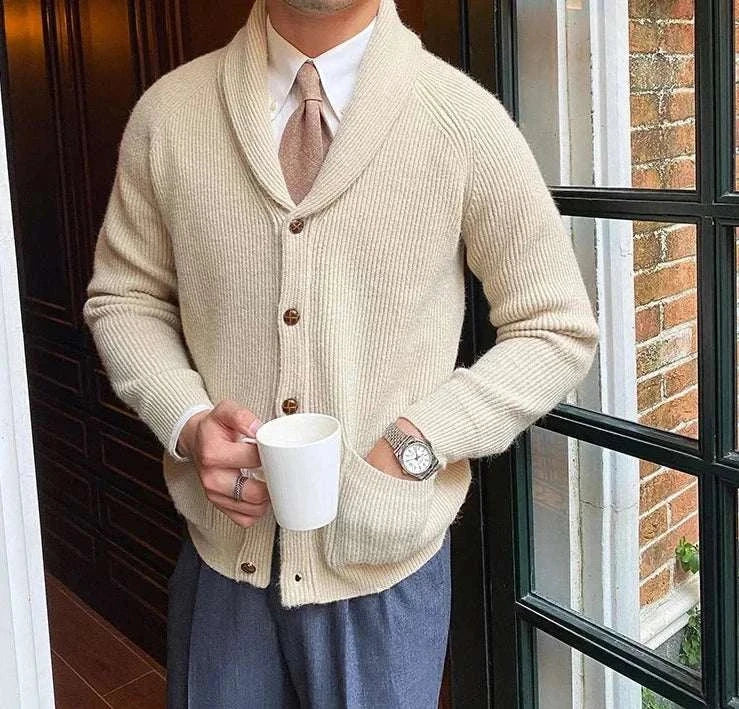 Oxford premium cardigan, stylish and lightweight, worn by a man with a mug in hand.