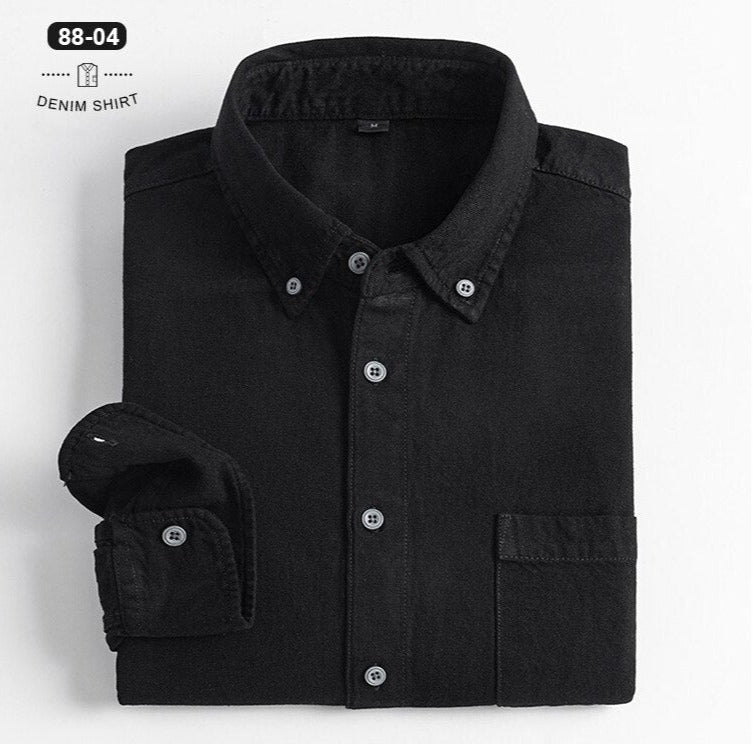 Business Casual Denim Shirt in black with classic collar and solid pattern.
