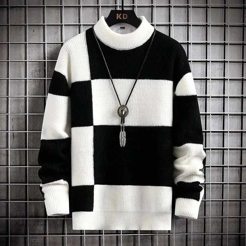 Norway winter sweater with black and white checkered design on a grid background.