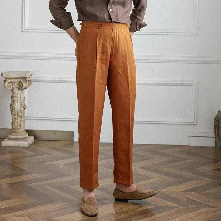 Lightweight Italian high-waist linen trousers for men, casual elegant style.
