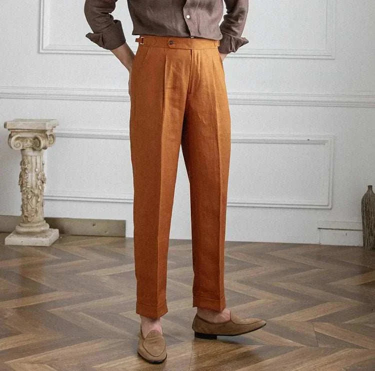 Lightweight Italian high-waist linen trousers for men, casual elegant style.
