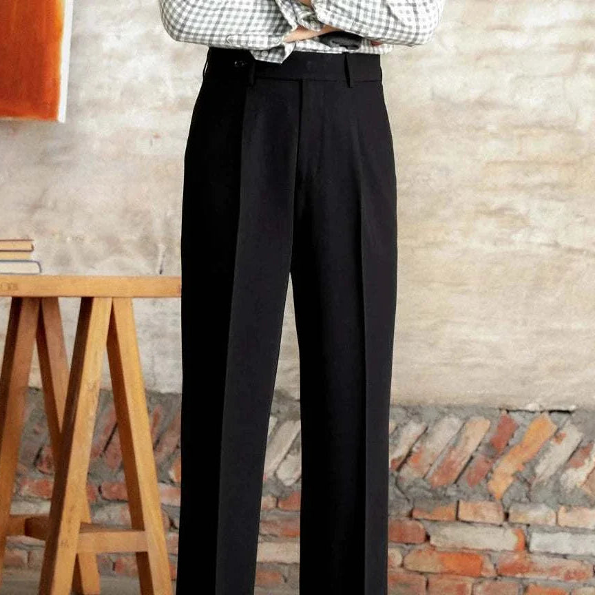 Italian straight style elegant pants in black, high-quality polyester, sophisticated look.