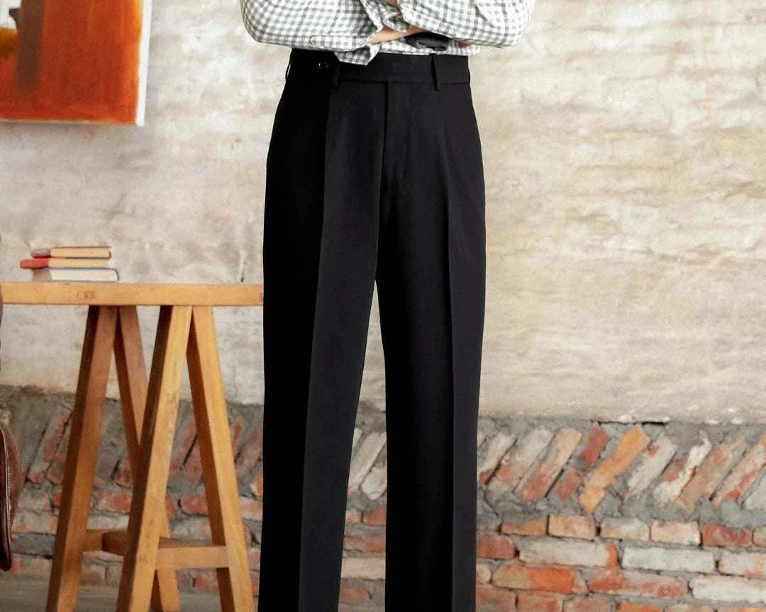 Italian straight style elegant pants in black, high-quality polyester, sophisticated look.