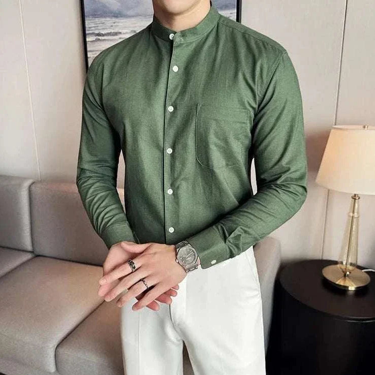 Men's linen smart casual long-sleeve shirt in green, offering comfort and elegance for spring and summer.