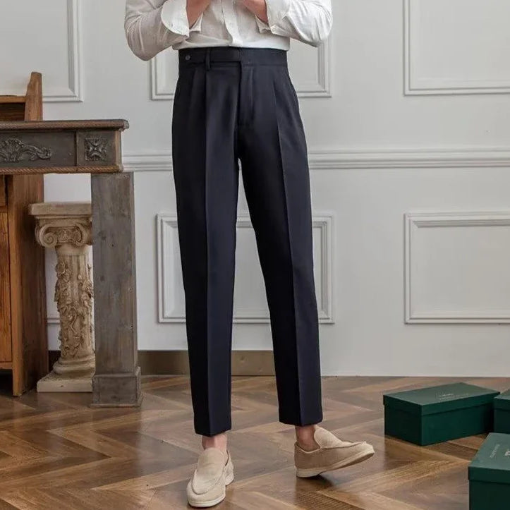 Antonios draped suit pants showcasing Korean-inspired elegance in smart casual style.