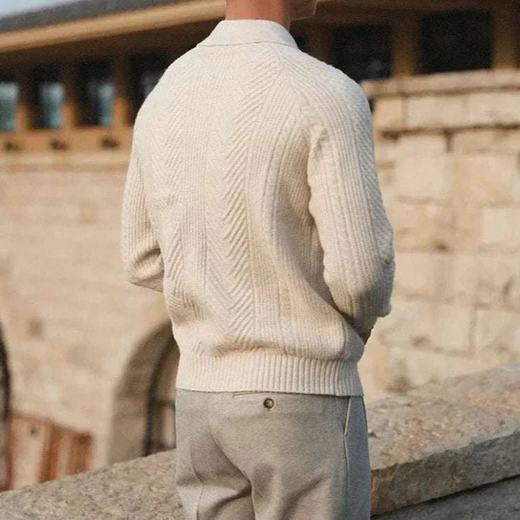 Autumn lapel regular fit sweater in elegant striped pattern, perfect for casual and business styles.