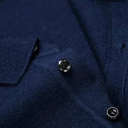 Close-up of Antonios polo sweater with buttons, navy blue, stylish and versatile design.