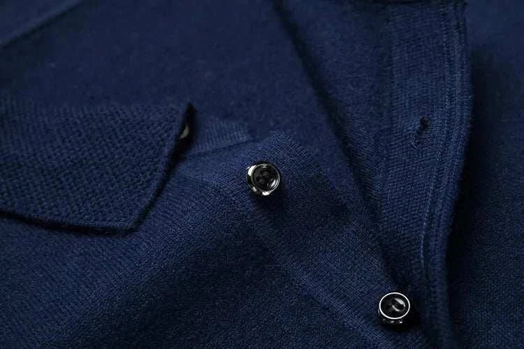 Close-up of Antonios polo sweater with buttons, navy blue, stylish and versatile design.